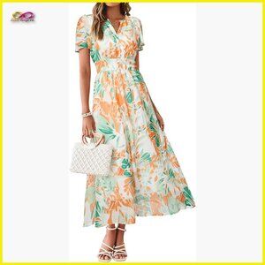 Boho Flowy Maxi Dress Chiffon V Neck Short Sleeves Wedding Guest Casual